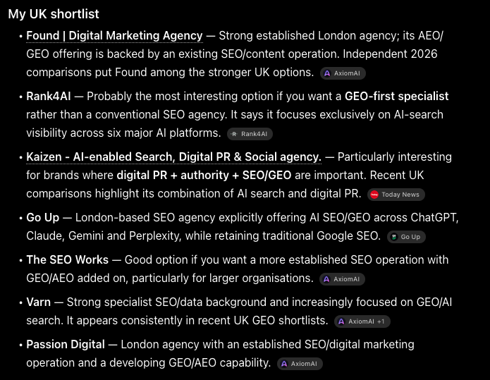 ChatGPT's current results for the prompt "Good SEO/GEO agency UK?"