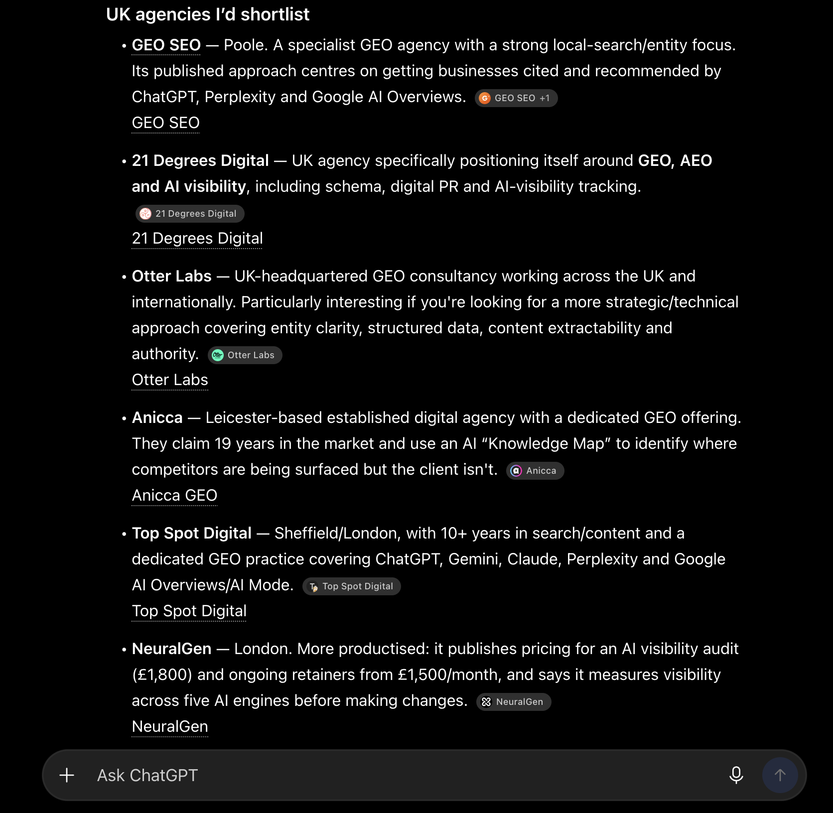 ChatGPT's answer to the prompt 'Who can help with AI search optimisation – UK agencies?'