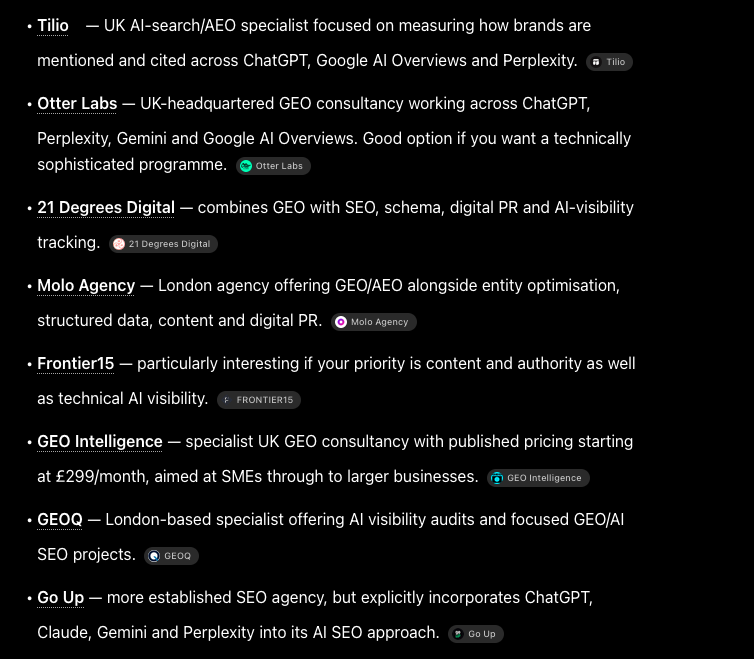 ChatGPT's current results for the prompt "Who can help with AI search optimisation – UK agencies?"