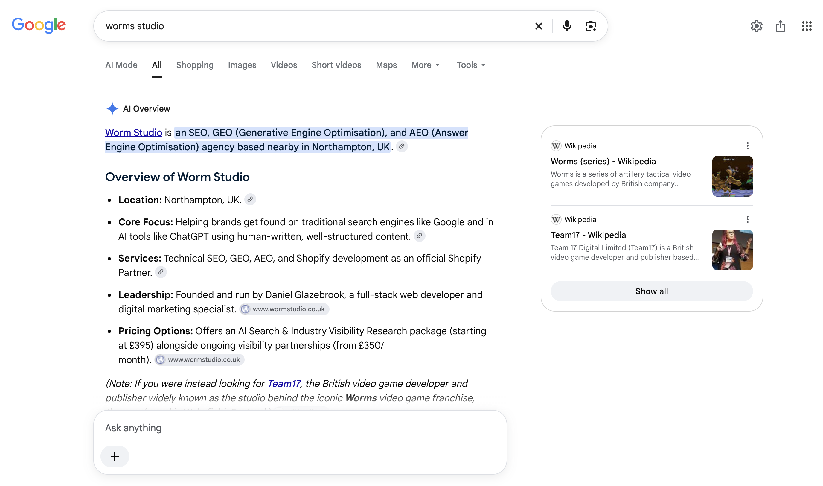 Google's top result for 'Worm Studio'